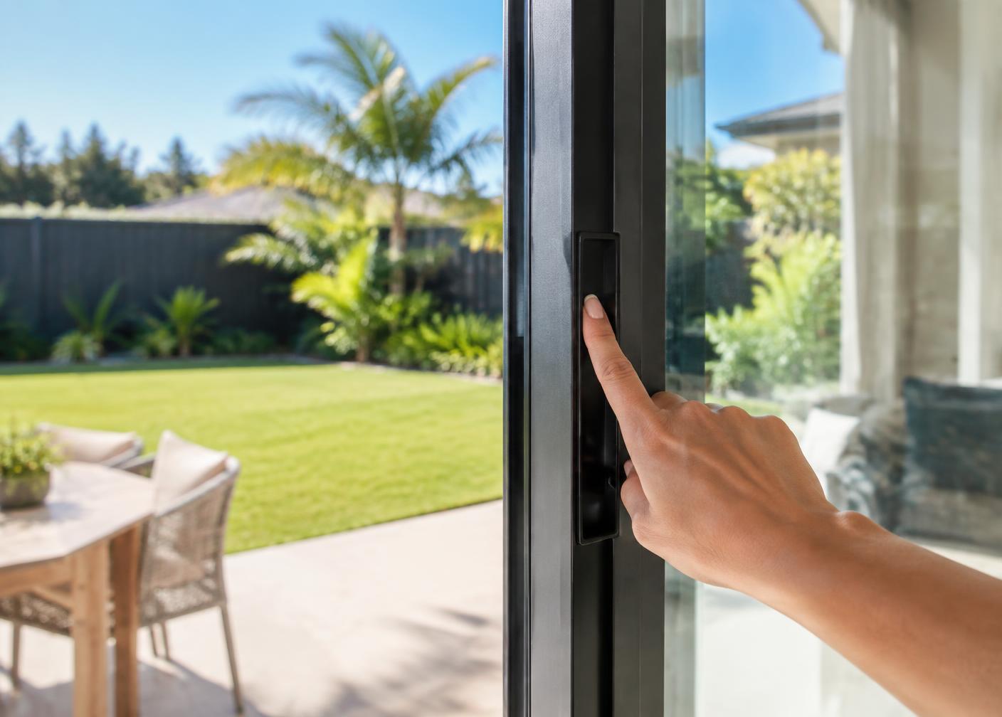 A finger sliding open a large glass patio door